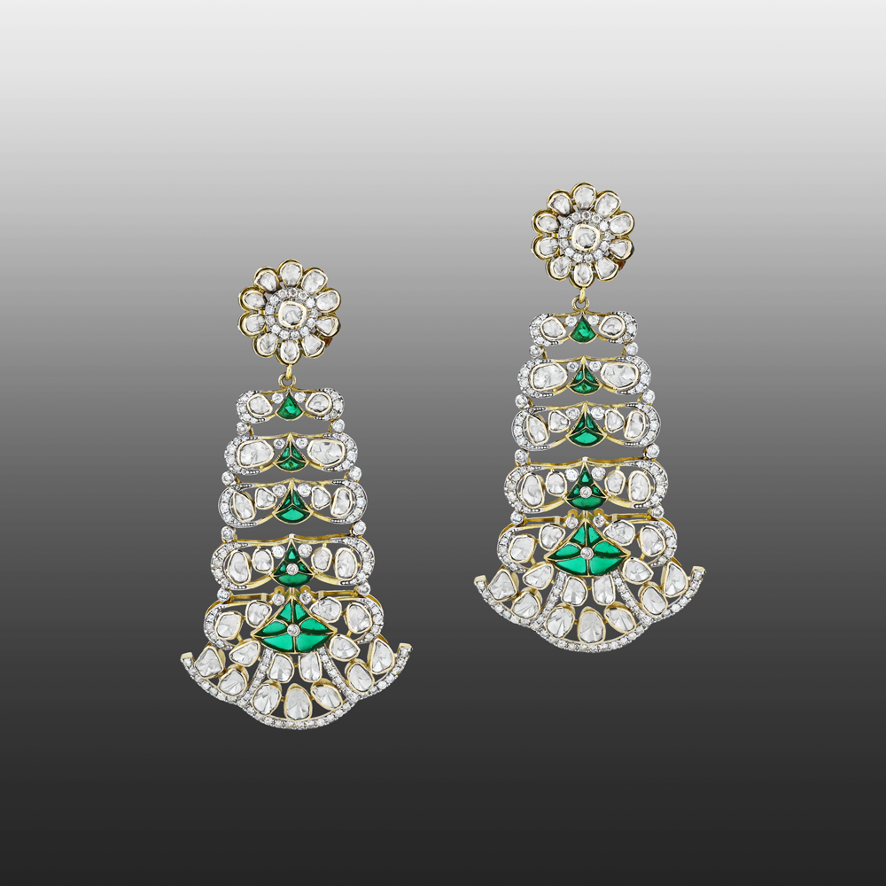 Chandelier Earrings with Polki, Green Talaf, and Floral Top